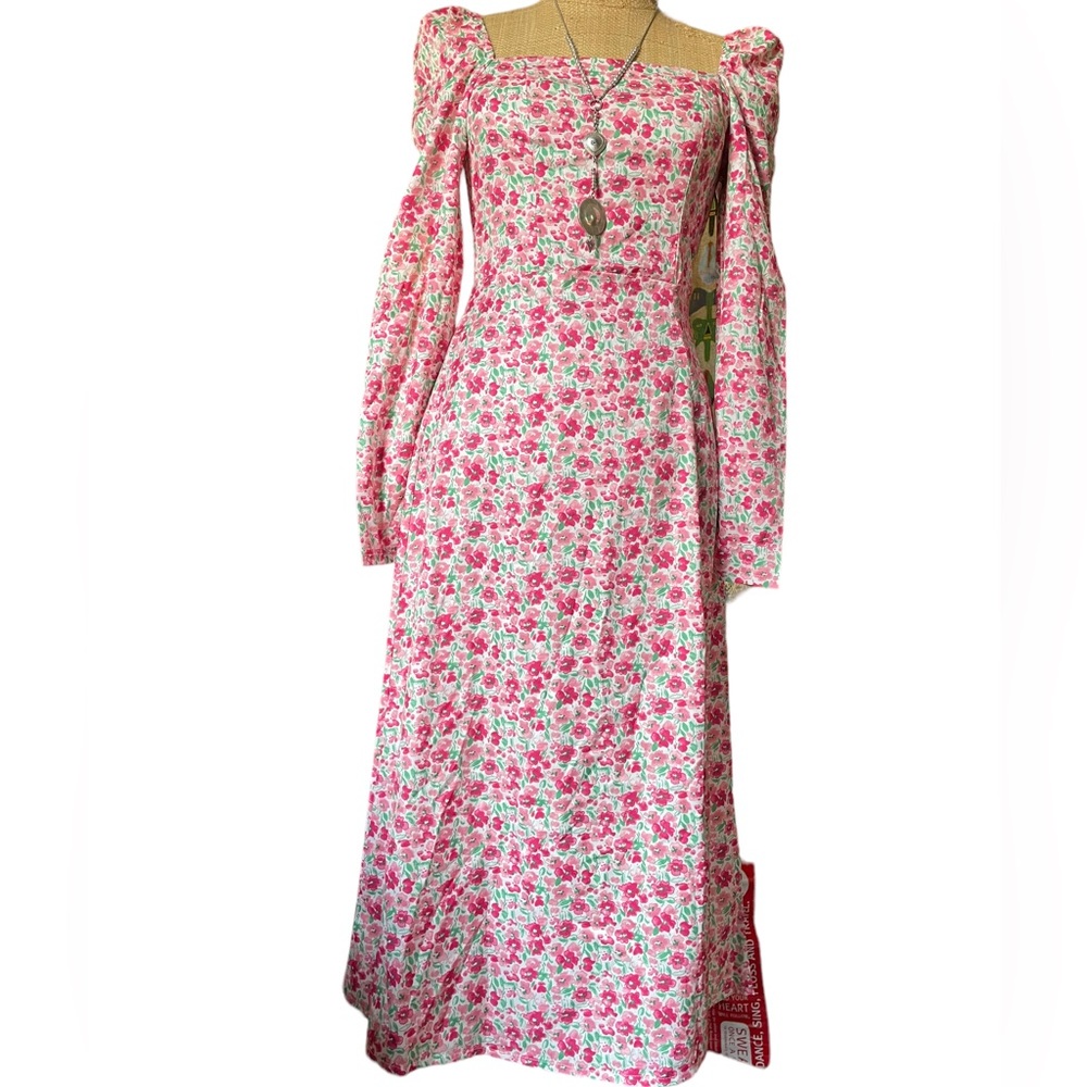 To My Lovers pink floral long puff sleeve maxi dress.Small.elastic smocked back
